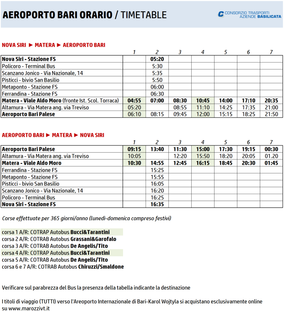 tabella orari matera bari aeroporto